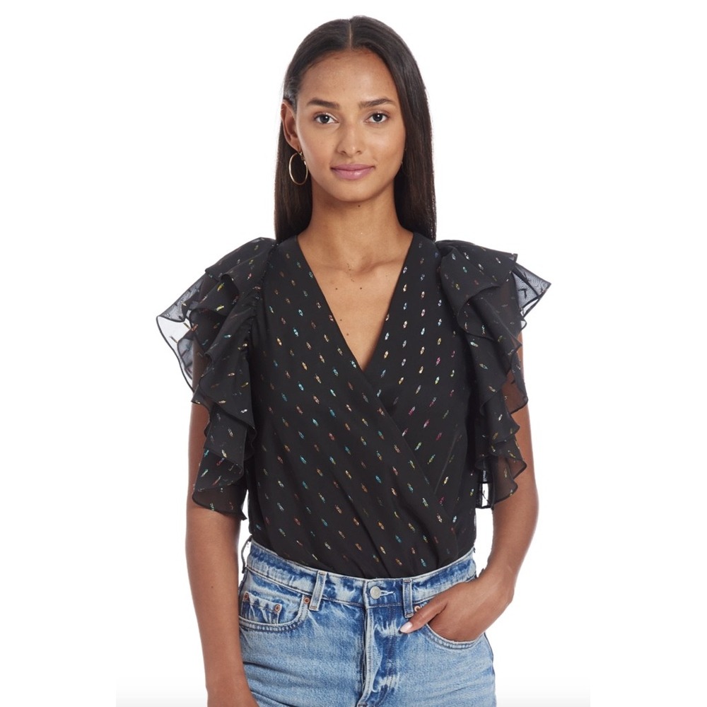Amanda Uprichard Sycamore Bodysuit Prism Black Metallic Ruffle Sleeve Womens L